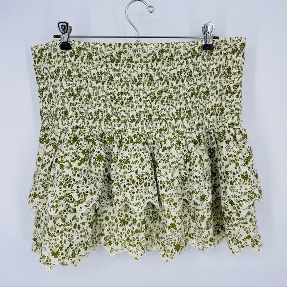 Zara Eyelet Patterned Smocked Mini Skirt in Green and Beige Size XXL - Picture 2 of 10